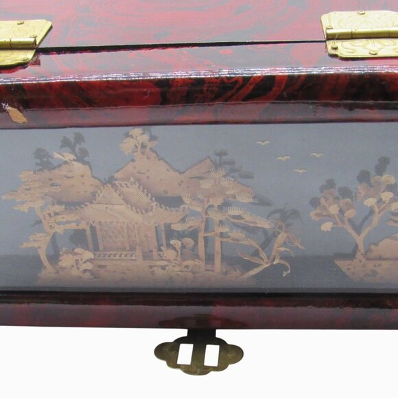 Vintage Oriental Lacquered Wooden JEWELRY BOX 3D Cork Pagoda with Birds - Picture 3 of 13